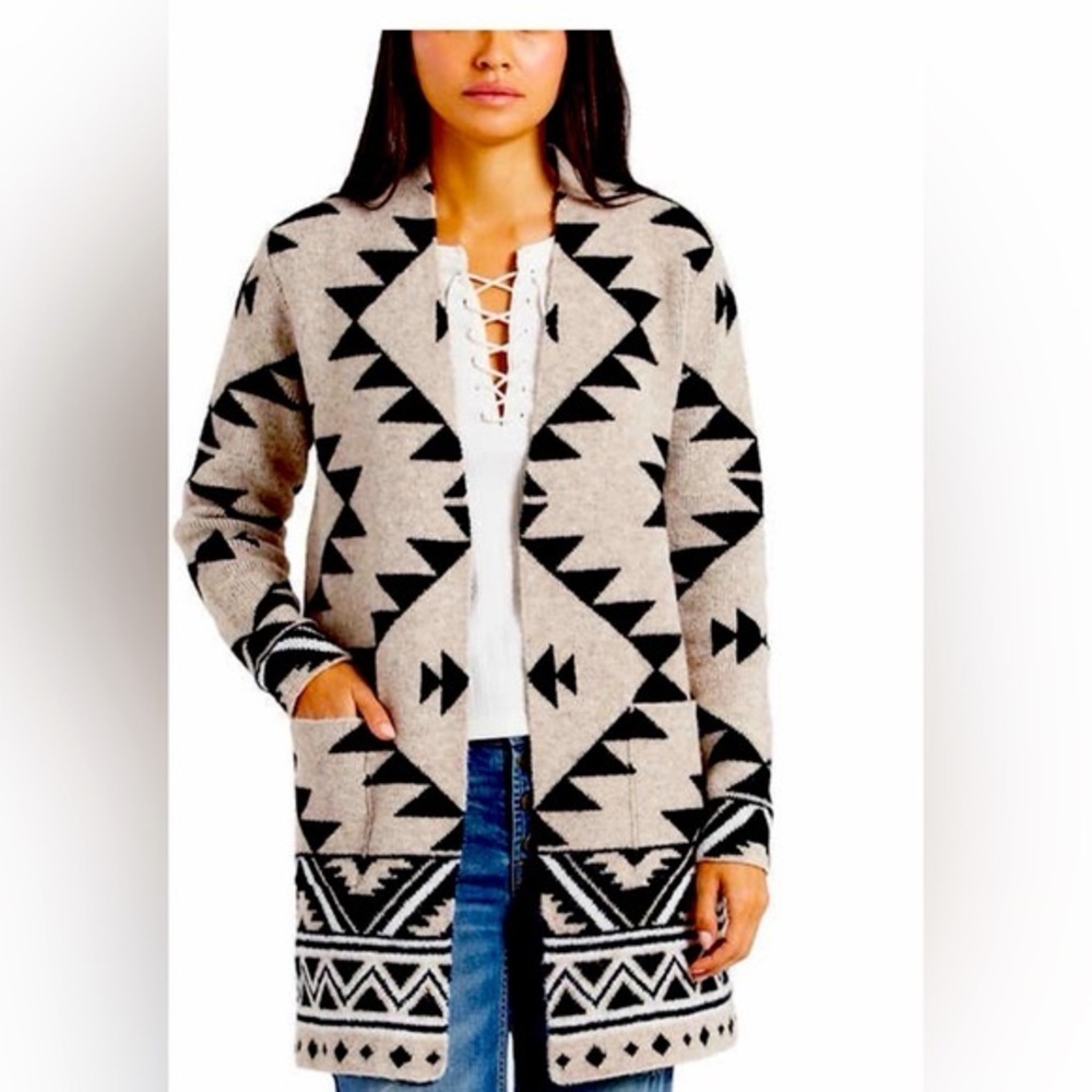 Frye Aztec Black and Tan Southwestern Jacquard Long Open Cardigan